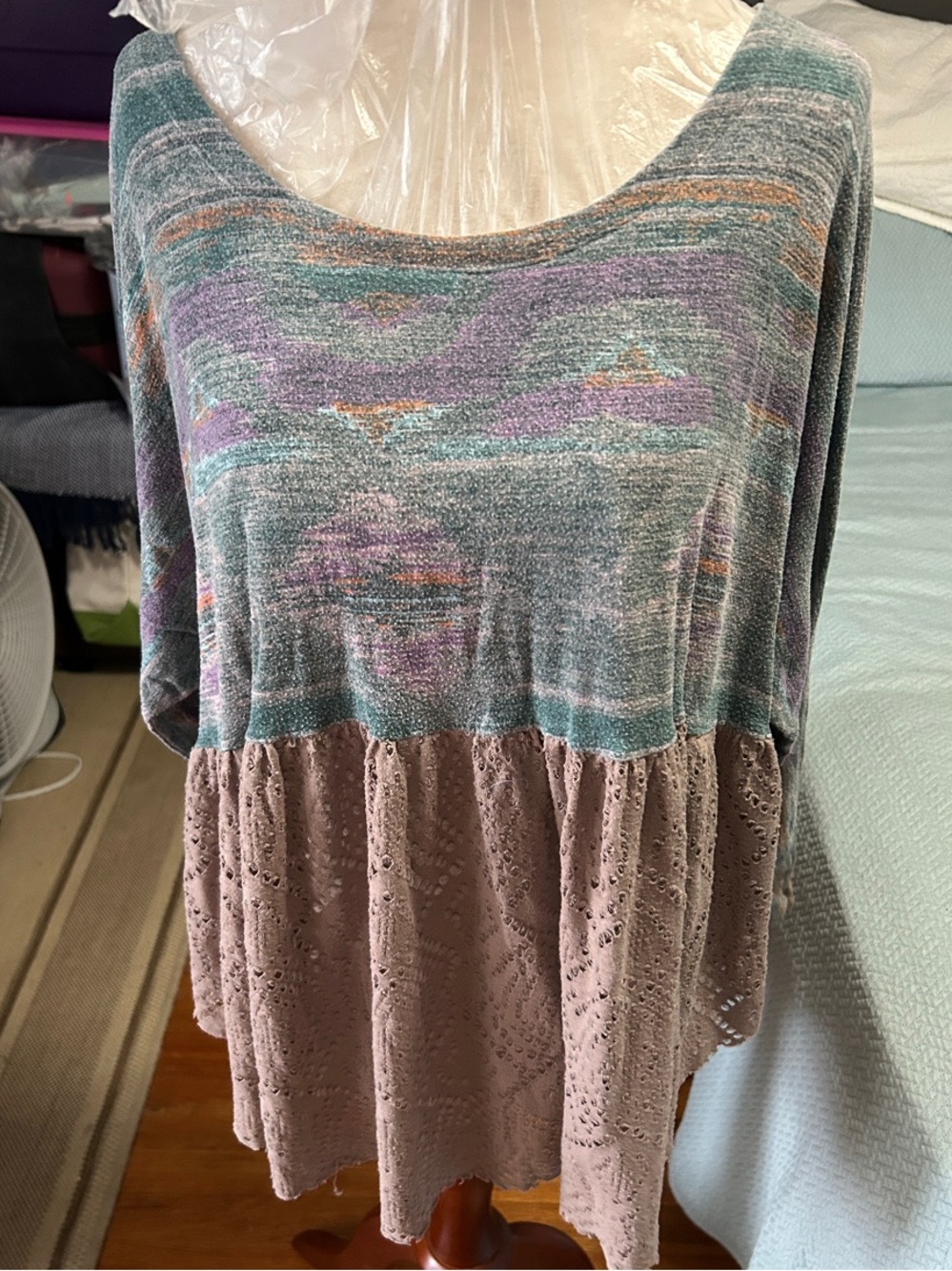 Free People Teal and Taupe Mixed-Print Peplum Top